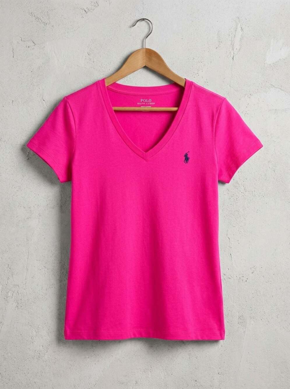 Ralph Lauren V-Neck Short Sleeve Tee in Hot Pink with Navy Pony - Picture 5 of 8